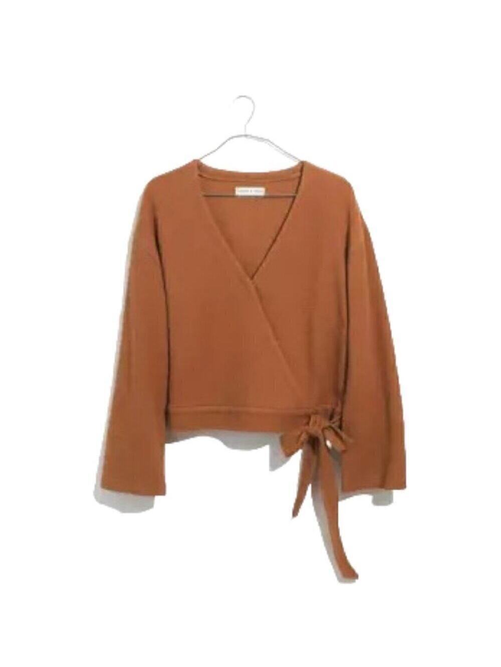 Texture & Thread by Madewell Orange Long Sleeve Side Tie Cotton Wrap Top Size S